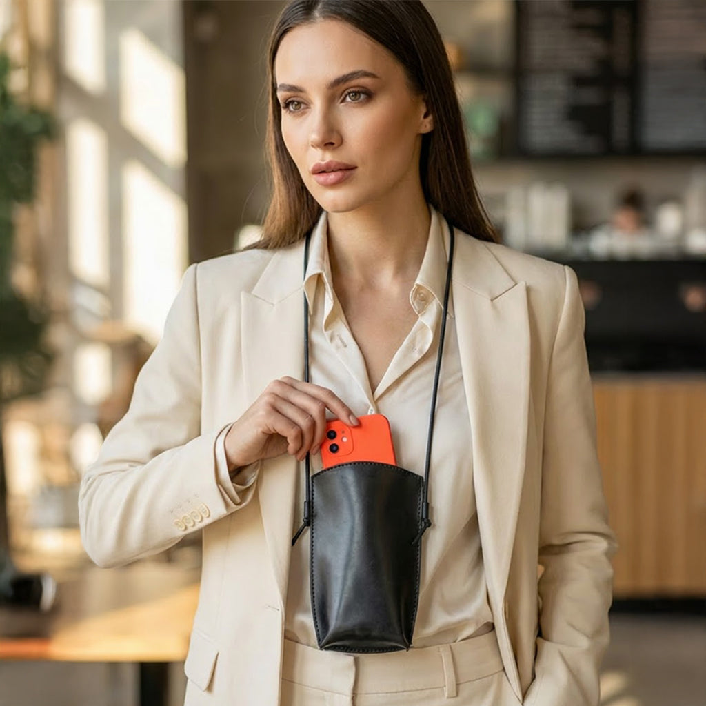 DEFF Design Premium Deri Boyun Askılı Telefon Kılıfı / Çantası